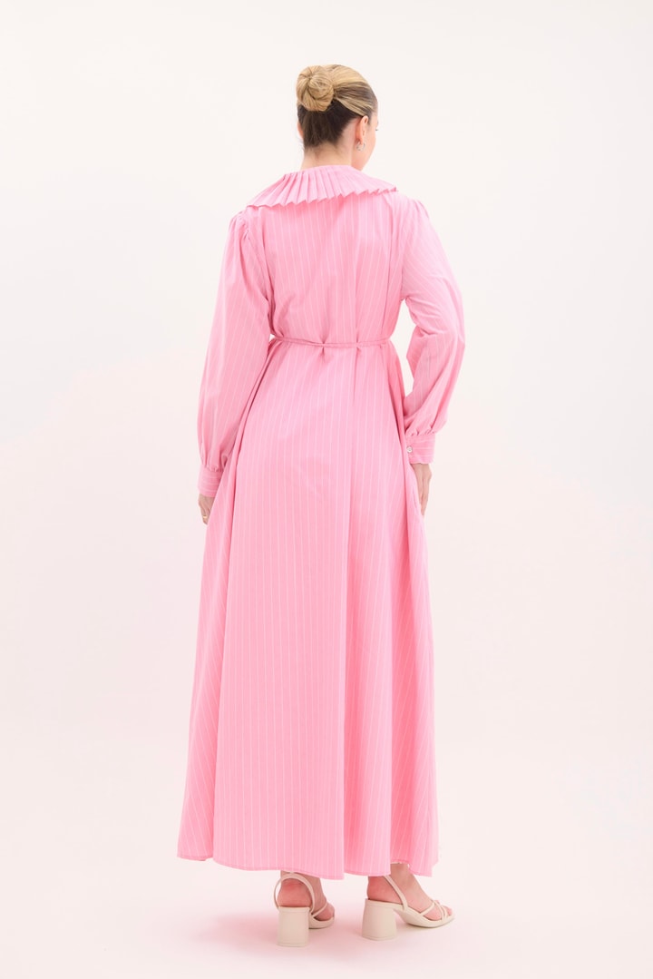 Rosado Pilise Yaka Bel Büzgülü Poplin Elbise - Pembe