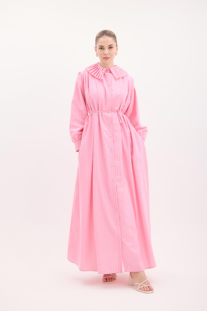 Rosado Pilise Yaka Bel Büzgülü Poplin Elbise - Pembe