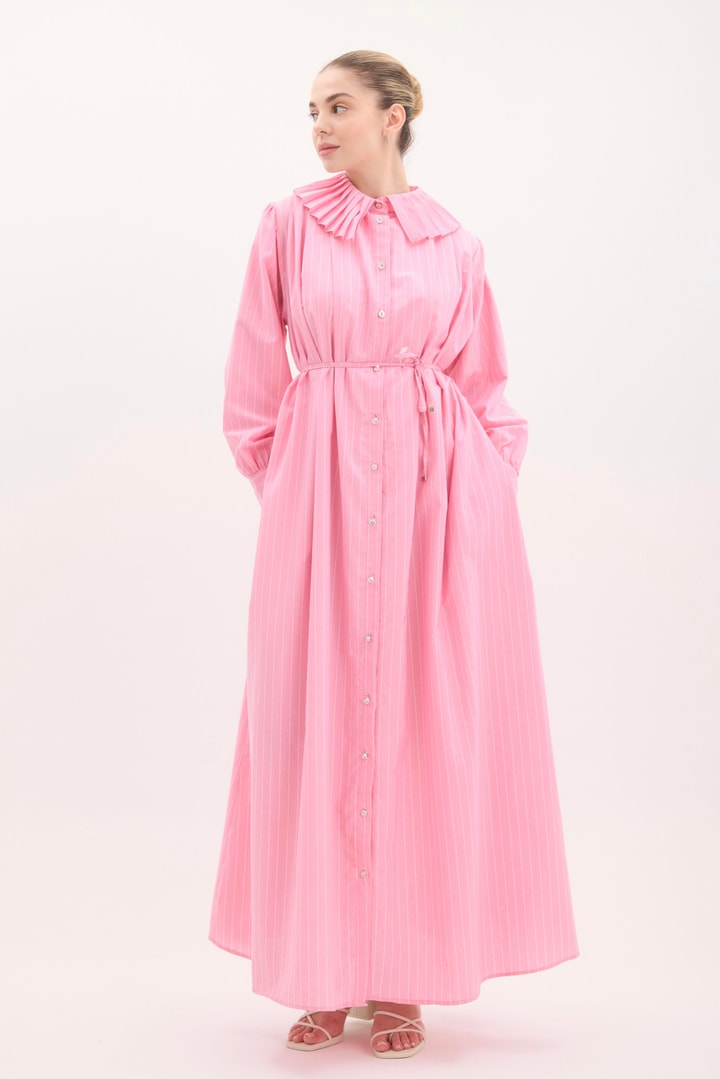 Rosado Pilise Yaka Bel Büzgülü Poplin Elbise - Pembe