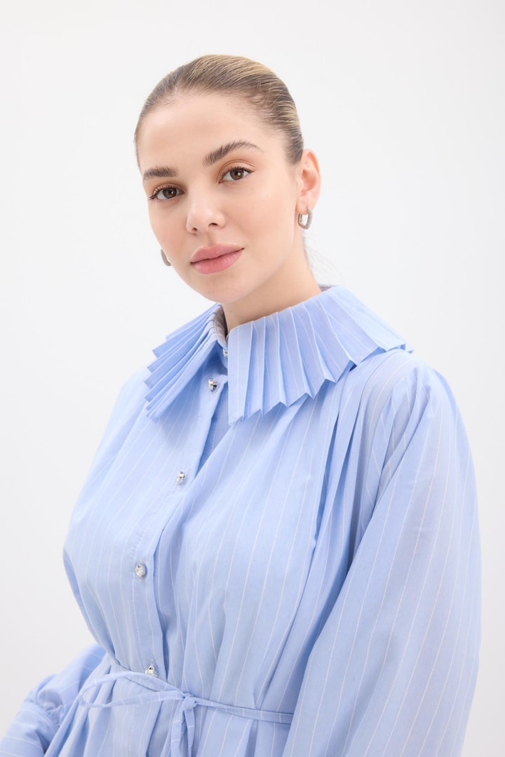 Rosado Pilise Yaka Bel Büzgülü Poplin Elbise - Mavi