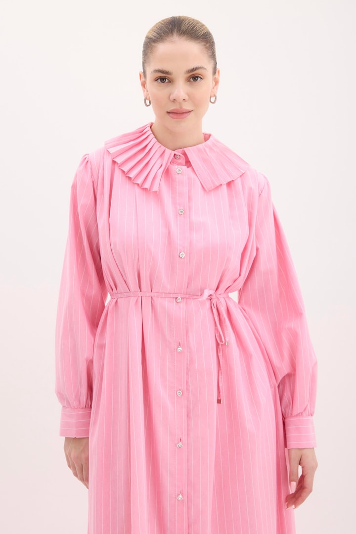 Rosado Pilise Yaka Bel Büzgülü Poplin Elbise - Pembe