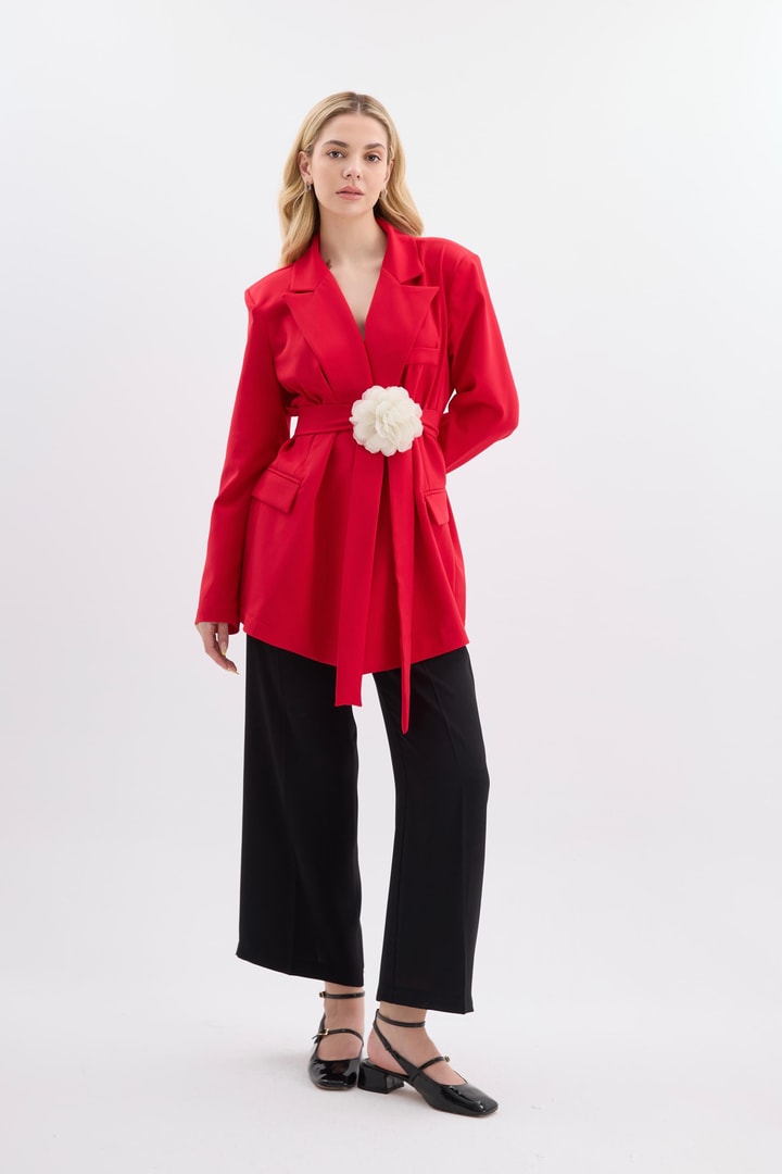 Rose Aksesuarlı Blazer Ceket - Kırmızı