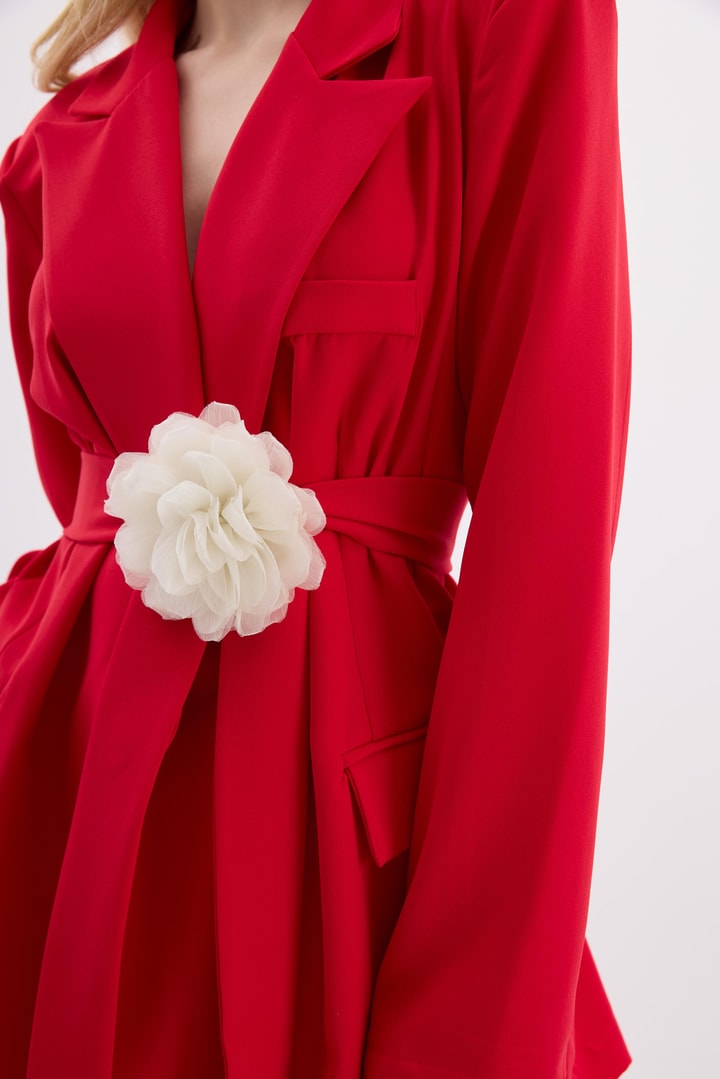 Rose Aksesuarlı Blazer Ceket - Kırmızı