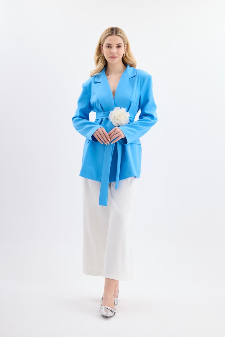 Rose Aksesuarlı Blazer Ceket - Mavi