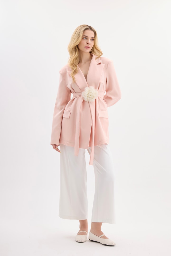 Rose Aksesuarlı Blazer Ceket - Pudra