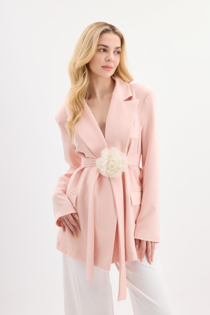 Rose Aksesuarlı Blazer Ceket - Pudra