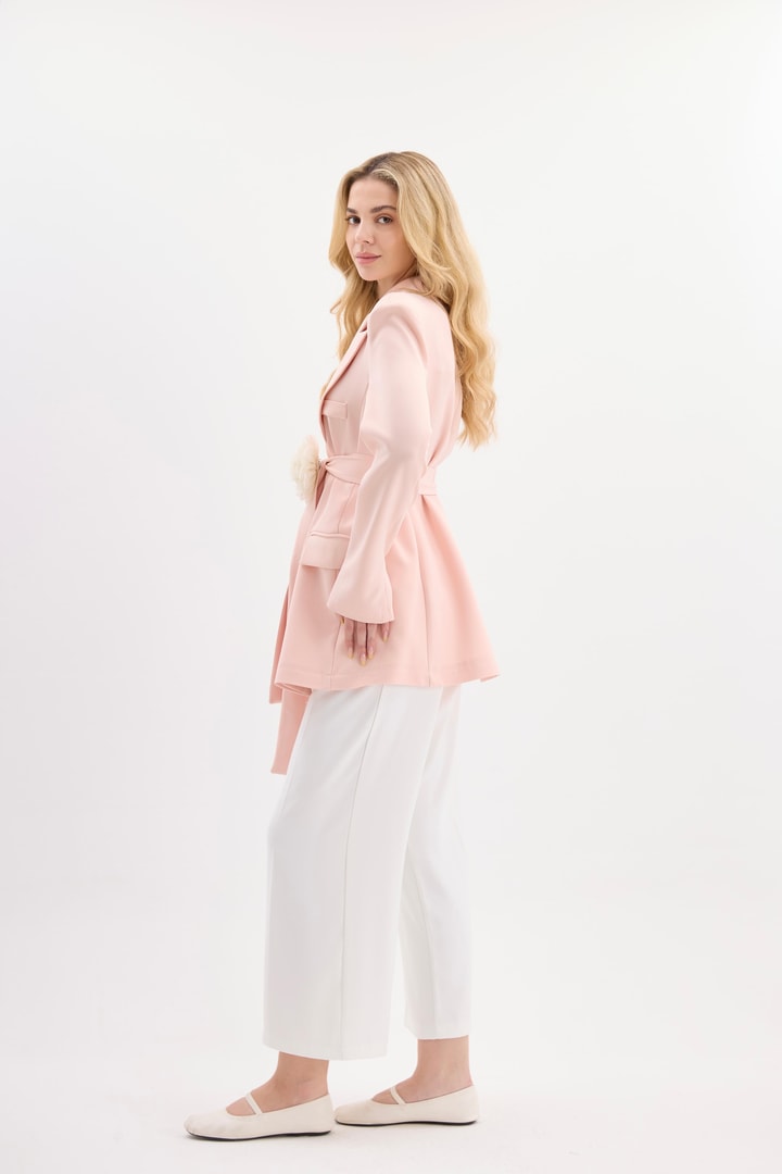 Rose Aksesuarlı Blazer Ceket - Pudra