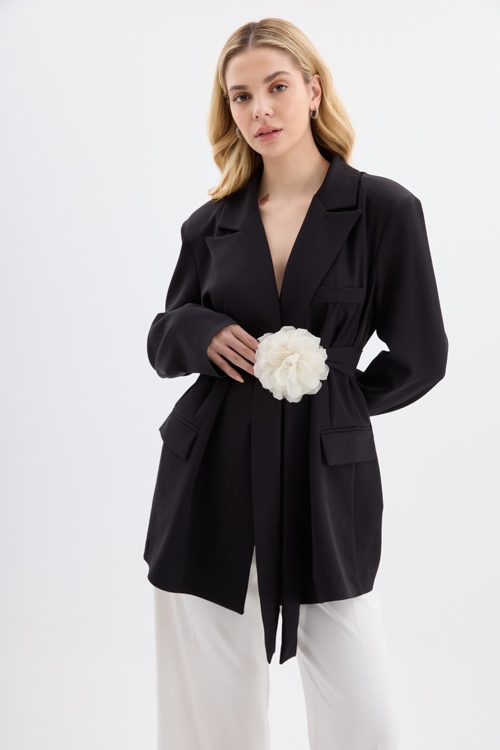 Rose Aksesuarlı Blazer Ceket - Siyah