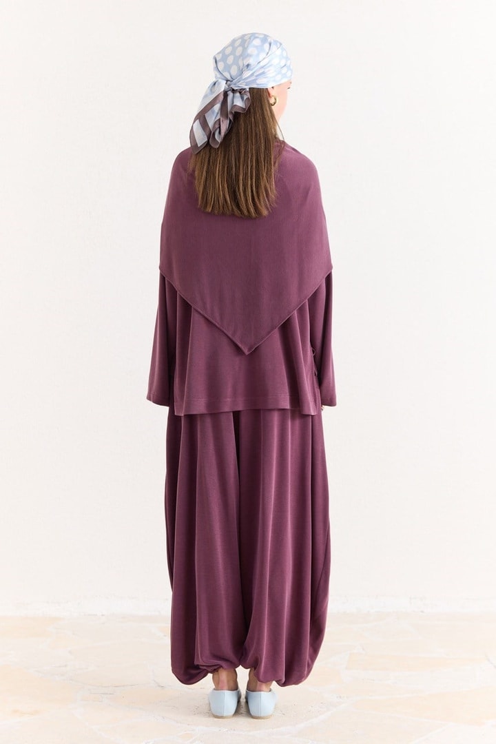 Şal Detaylı Pantolonlu Takım - Mürdüm