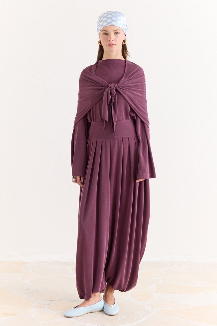 Şal Detaylı Pantolonlu Takım - Mürdüm