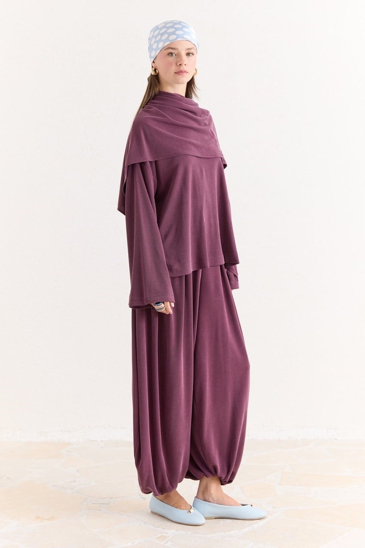 Şal Detaylı Pantolonlu Takım - Mürdüm