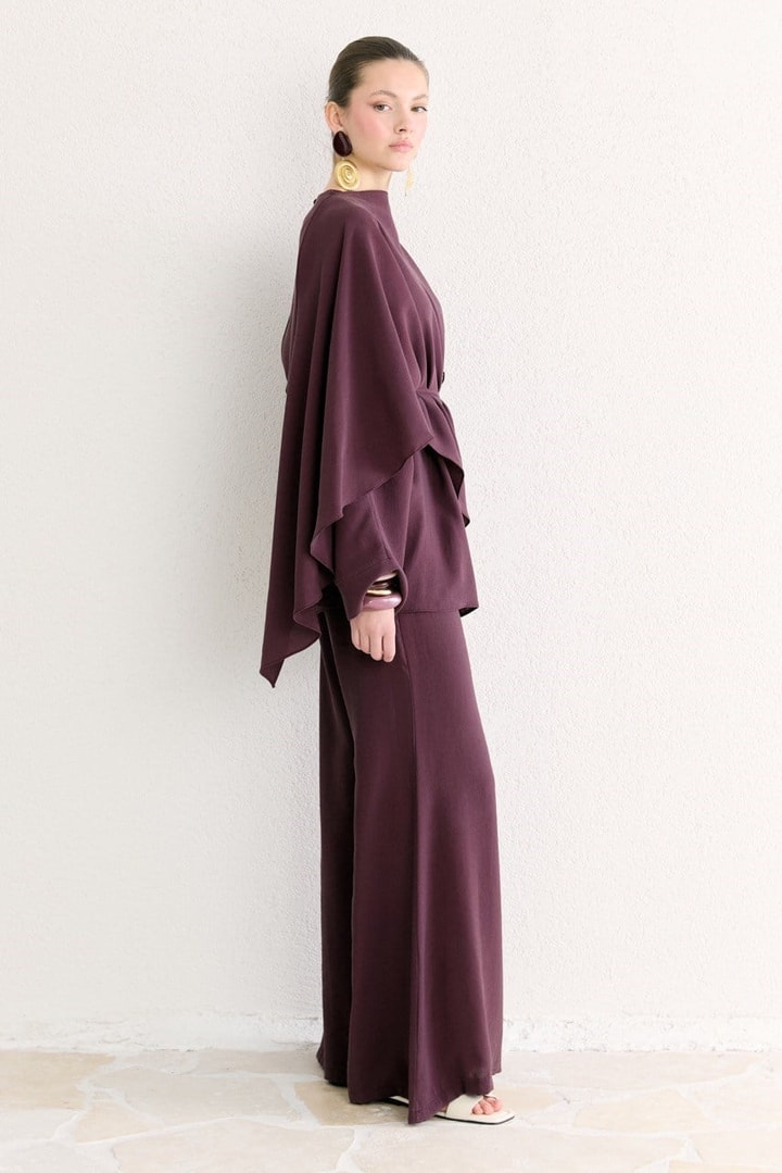 Şal Yaka Detaylı Pantolon Takım - Mürdüm