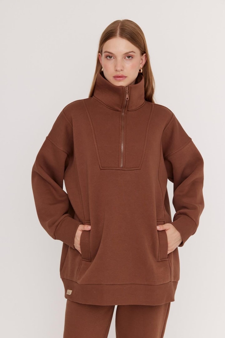 Sali Fermuarlı Şardonlu Sweat Takım - Kahve