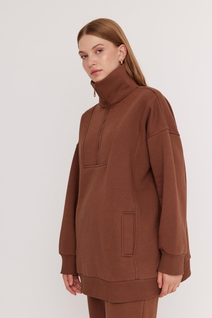 Sali Fermuarlı Şardonlu Sweat Takım - Kahve