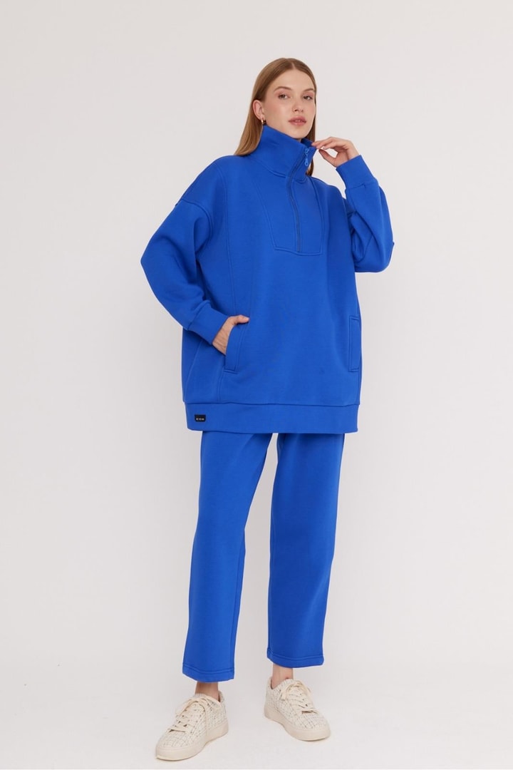 Sali Fermuarlı Şardonlu Sweat Takım - saks mavisi