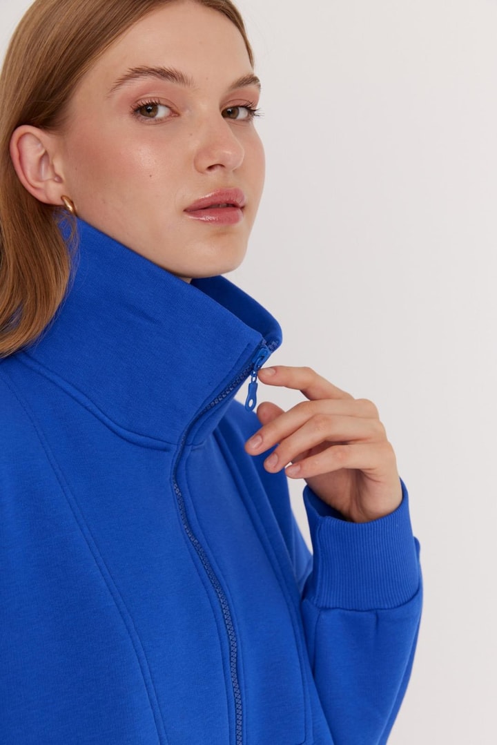 Sali Fermuarlı Şardonlu Sweat Takım - saks mavisi