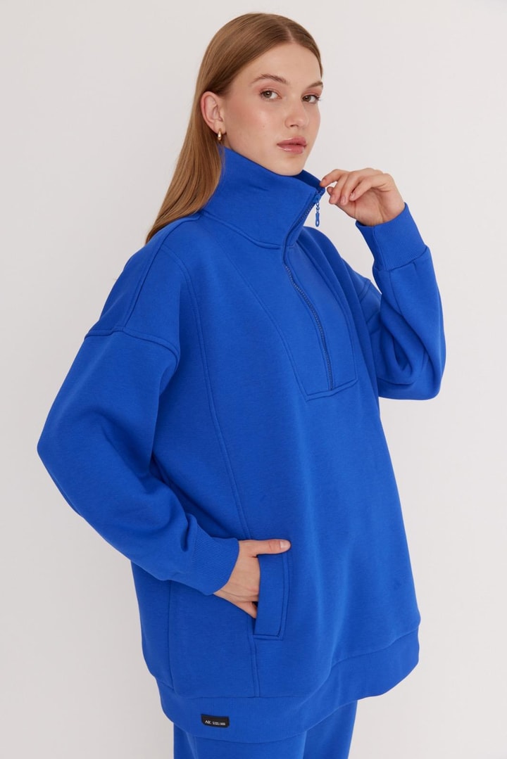 Sali Fermuarlı Şardonlu Sweat Takım - saks mavisi