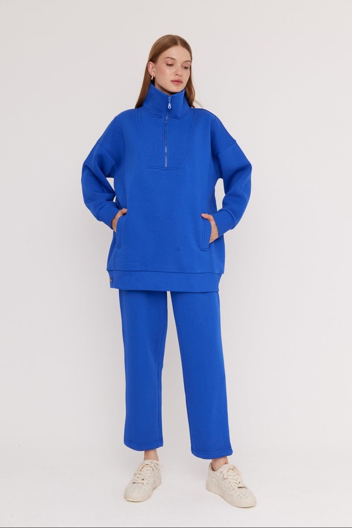 Sali Fermuarlı Şardonlu Sweat Takım - saks mavisi