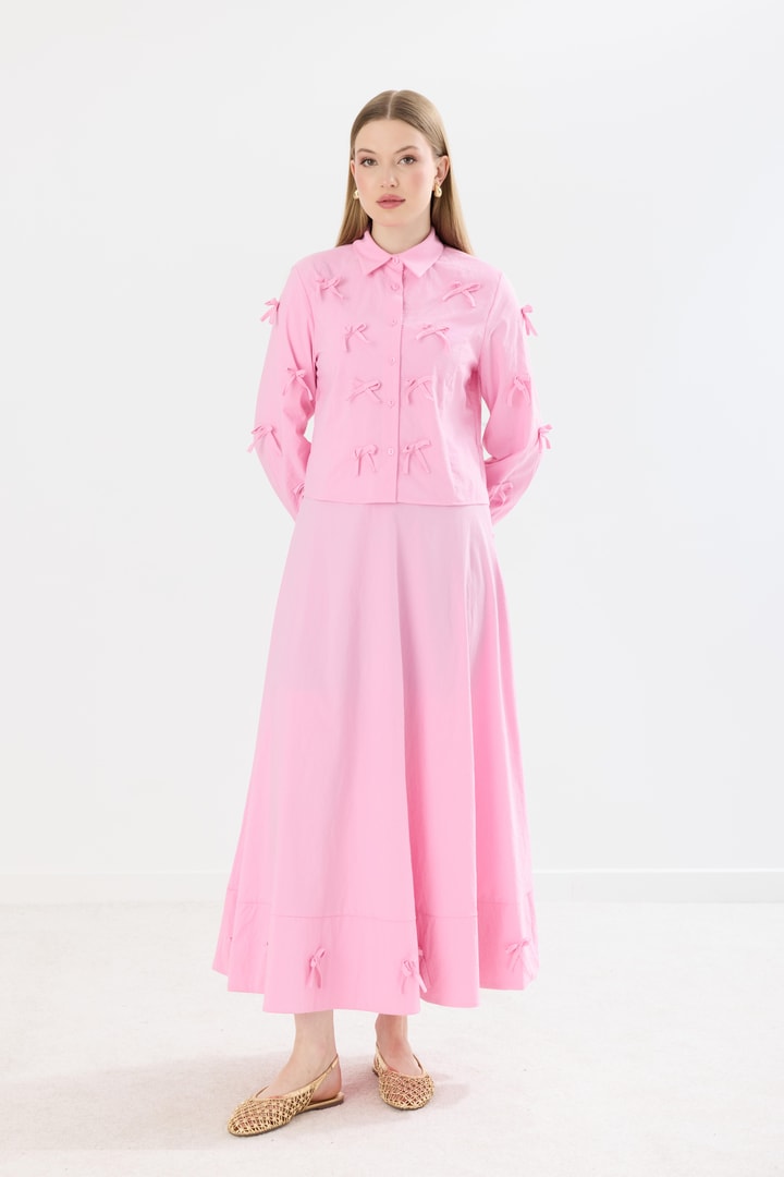 Sara Minik Fiyonk Detay Etek Takım - Pembe