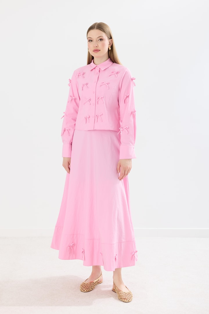 Sara Minik Fiyonk Detay Etek Takım - Pembe