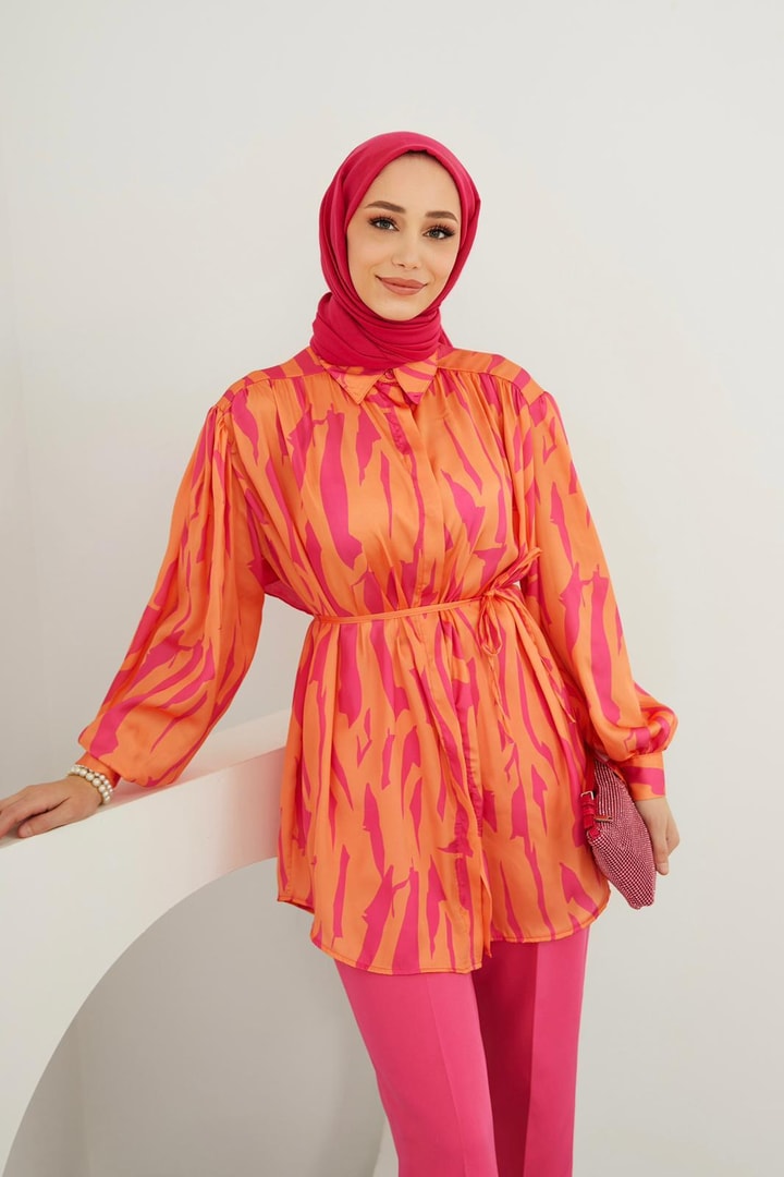 Sara Saten Desenli Gömlek - Oranj