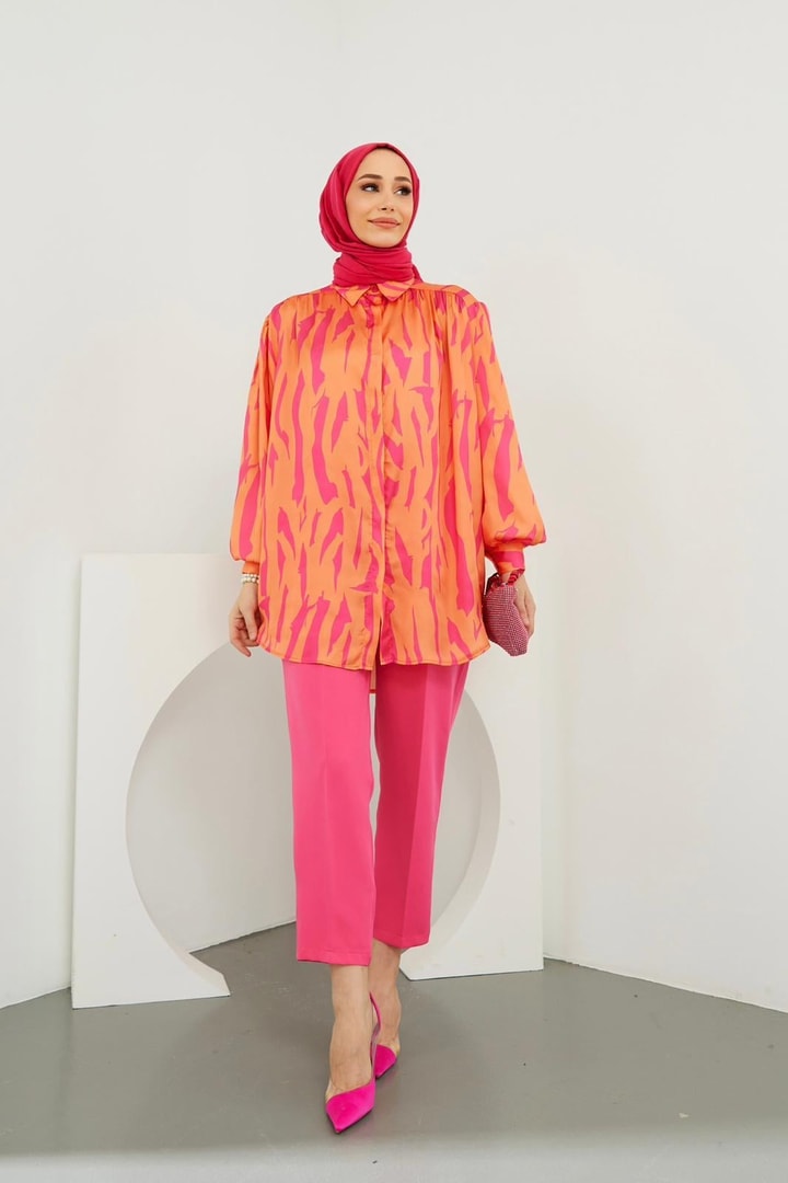 Sara Saten Desenli Gömlek - Oranj