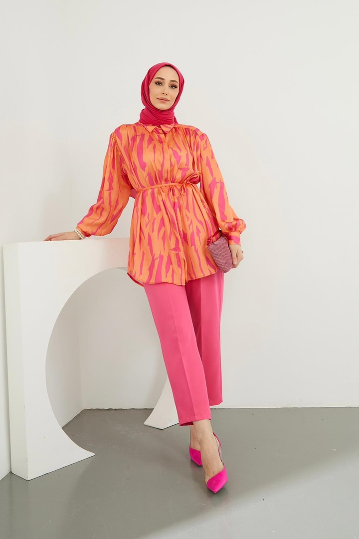 Sara Saten Desenli Gömlek - Oranj