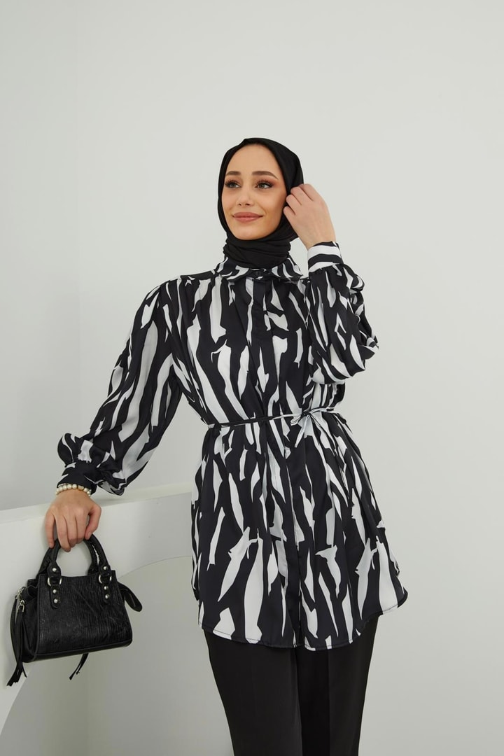 Sara Saten Desenli Gömlek - Siyah
