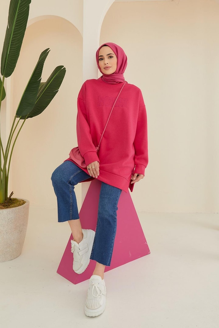 Şardonlu Üç İplik Sweatshirt - Fuşya