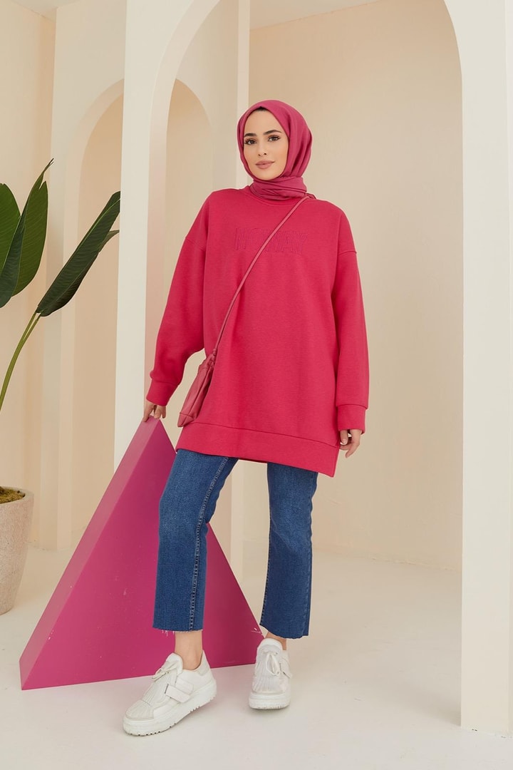 Şardonlu Üç İplik Sweatshirt - Fuşya
