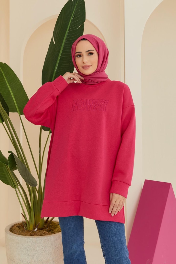 Şardonlu Üç İplik Sweatshirt - Fuşya