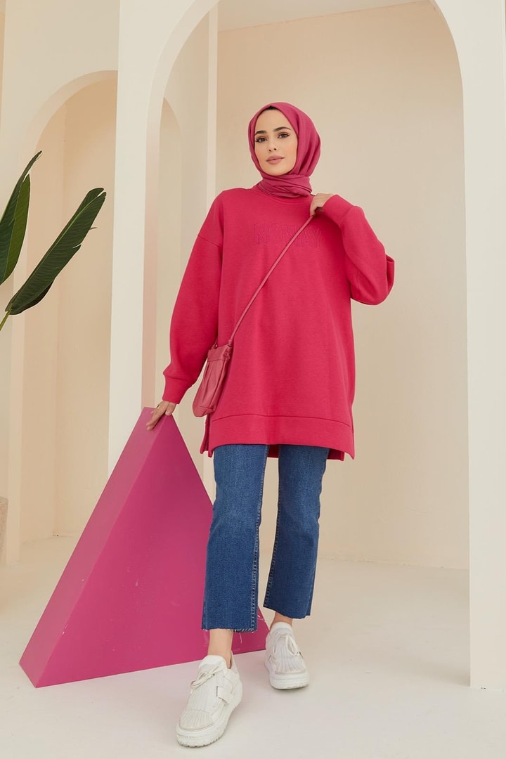 Şardonlu Üç İplik Sweatshirt - Fuşya