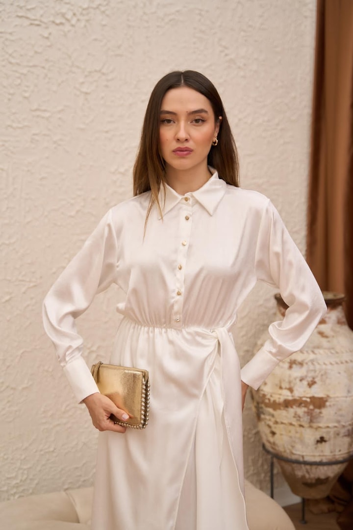Saten Bağlamalı Elbise - Beyaz