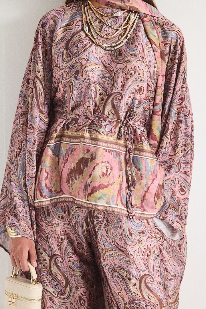 Saten Baskılı Panço Pantolonlu Takım - Pembe