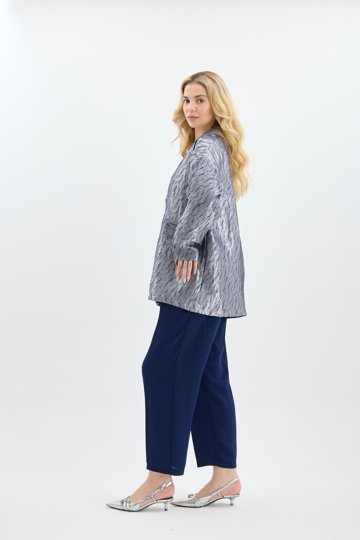 Seddy Metal Kemer Aksesuarlı Jakar Ceket - Lacivert