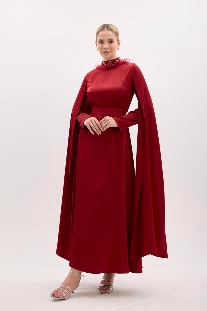Selena Tüy Detaylı Taşlı Abiye - Bordo