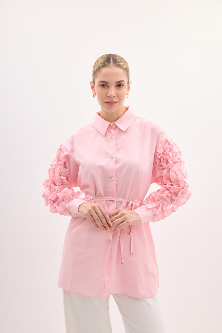 Sellyna Kol Detaylı Düğmeli Gömlek - Pembe