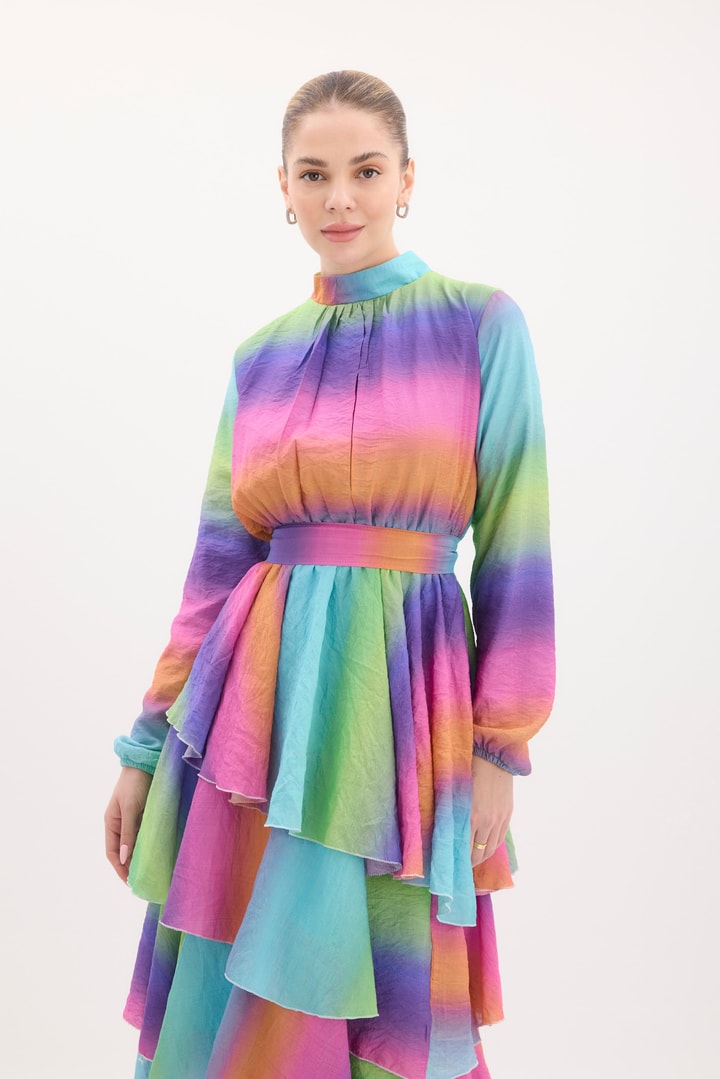 Semi Batik Desenli Şifon Elbise - Mor
