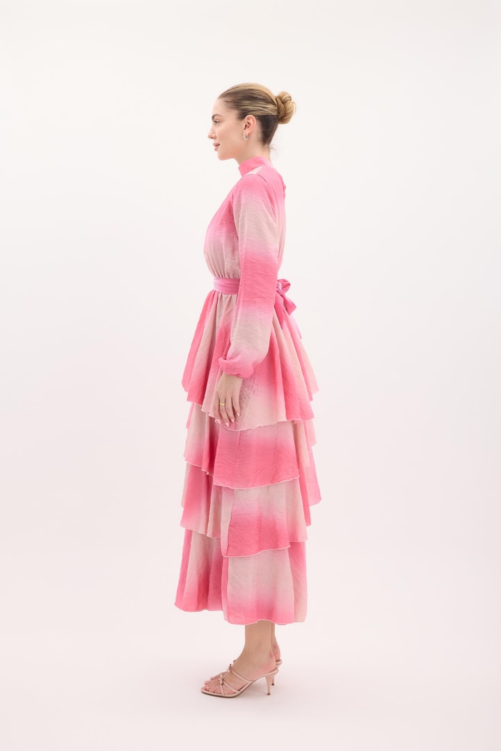 Semi Batik Desenli Şifon Elbise - Pembe