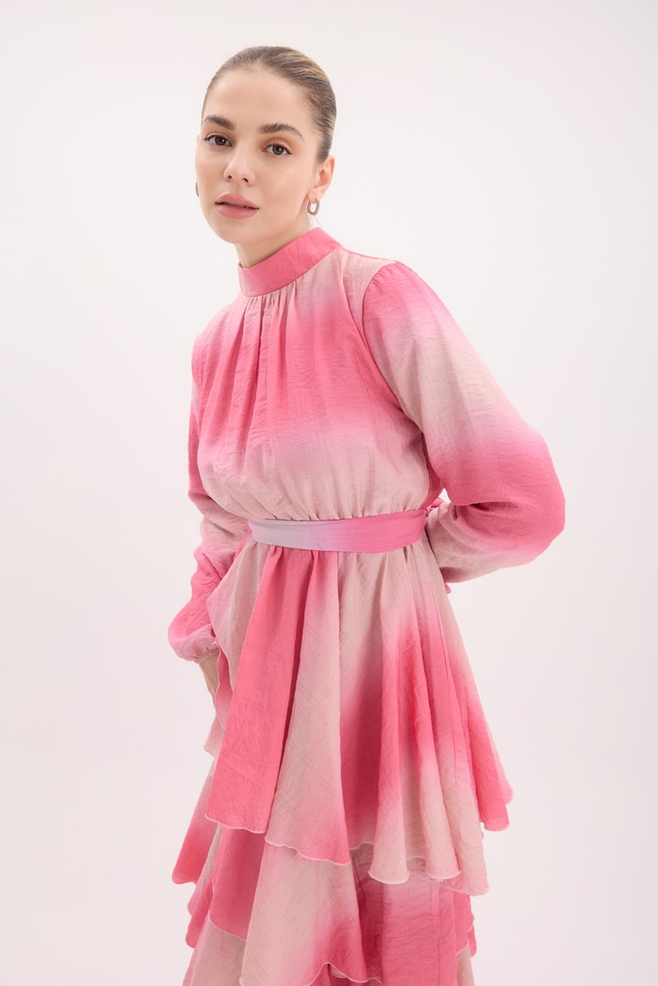 Semi Batik Desenli Şifon Elbise - Pembe