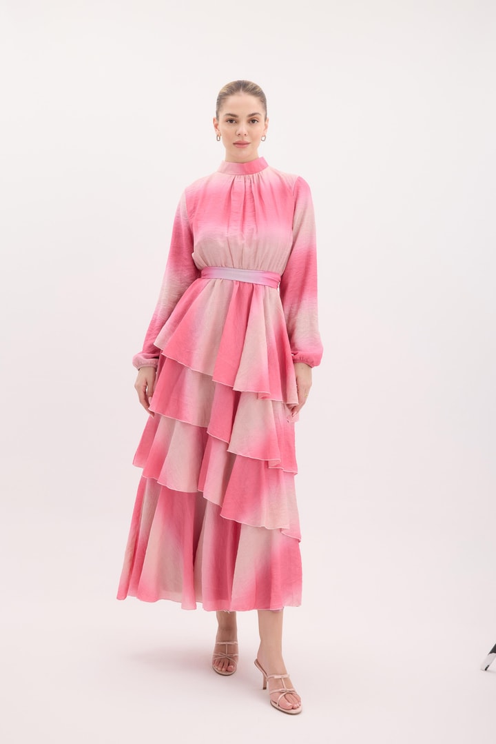 Semi Batik Desenli Şifon Elbise - Pembe