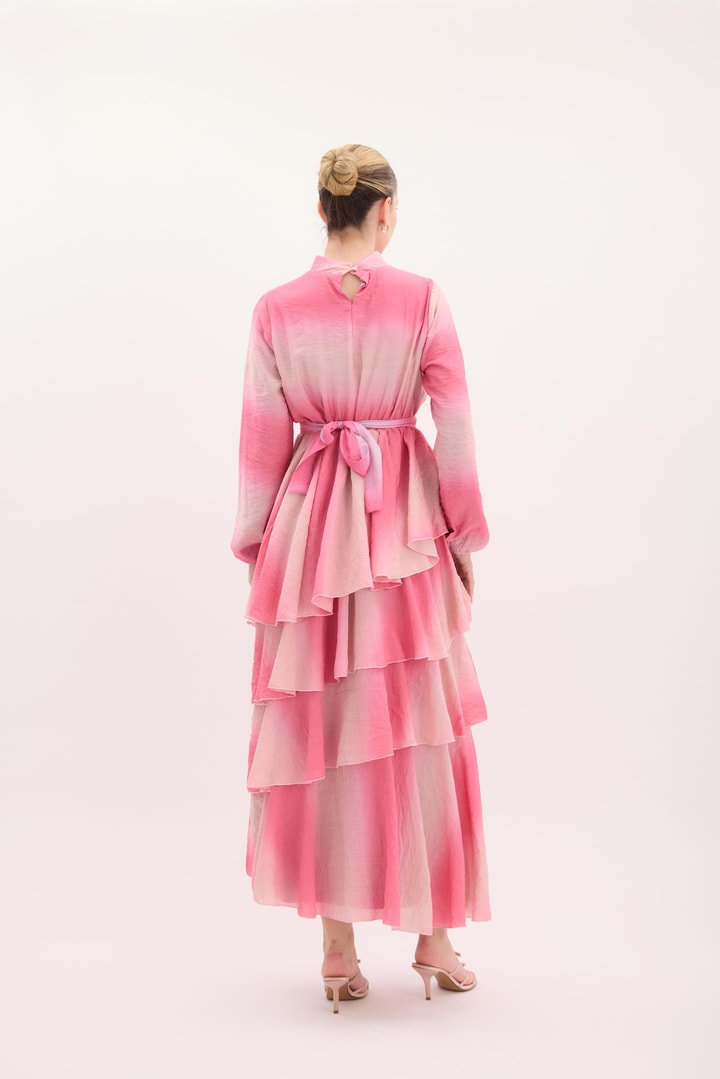 Semi Batik Desenli Şifon Elbise - Pembe