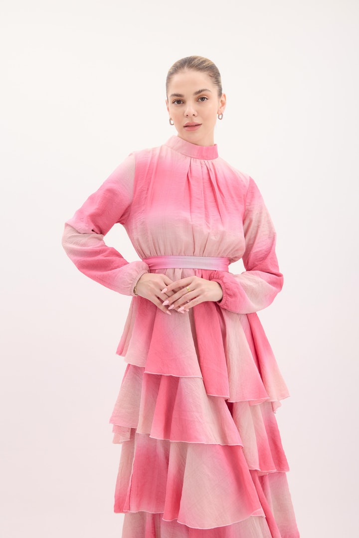 Semi Batik Desenli Şifon Elbise - Pembe