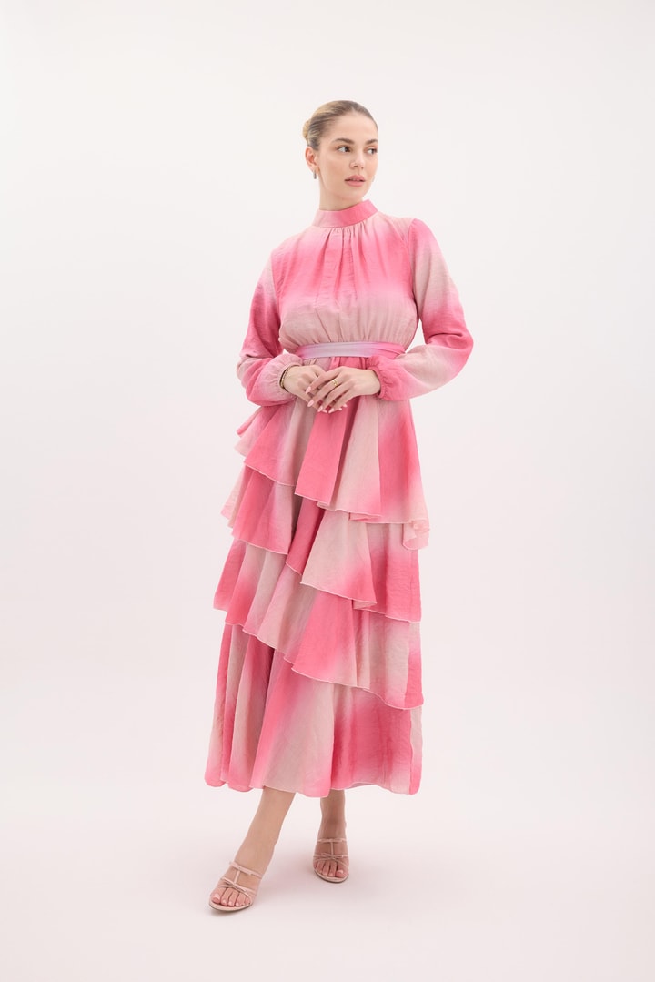 Semi Batik Desenli Şifon Elbise - Pembe