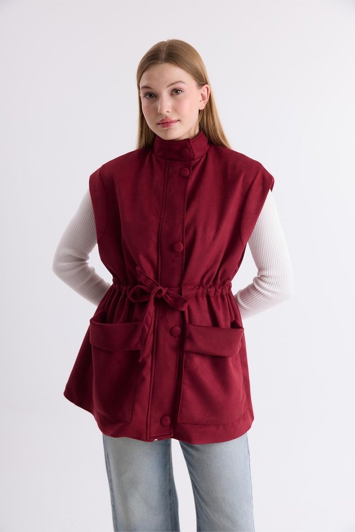 Sendy Belden Bağlamalı Süet Yelek - Bordo
