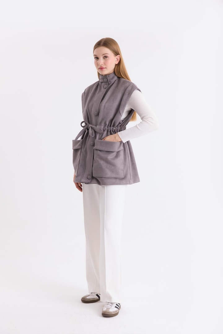 Sendy Belden Bağlamalı Süet Yelek - Gri