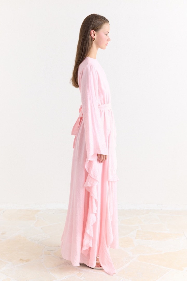 Senna Belden Volanlı Elbise - Pembe