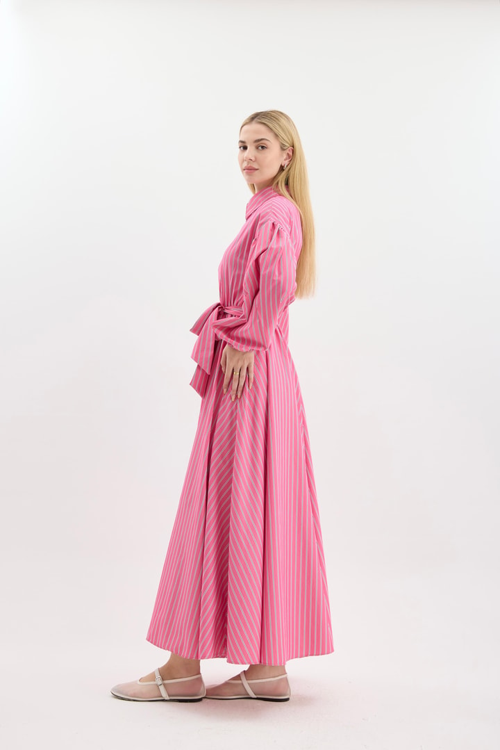 SERA ÇİZGİLİ POPLİN ELBİSE - Pembe