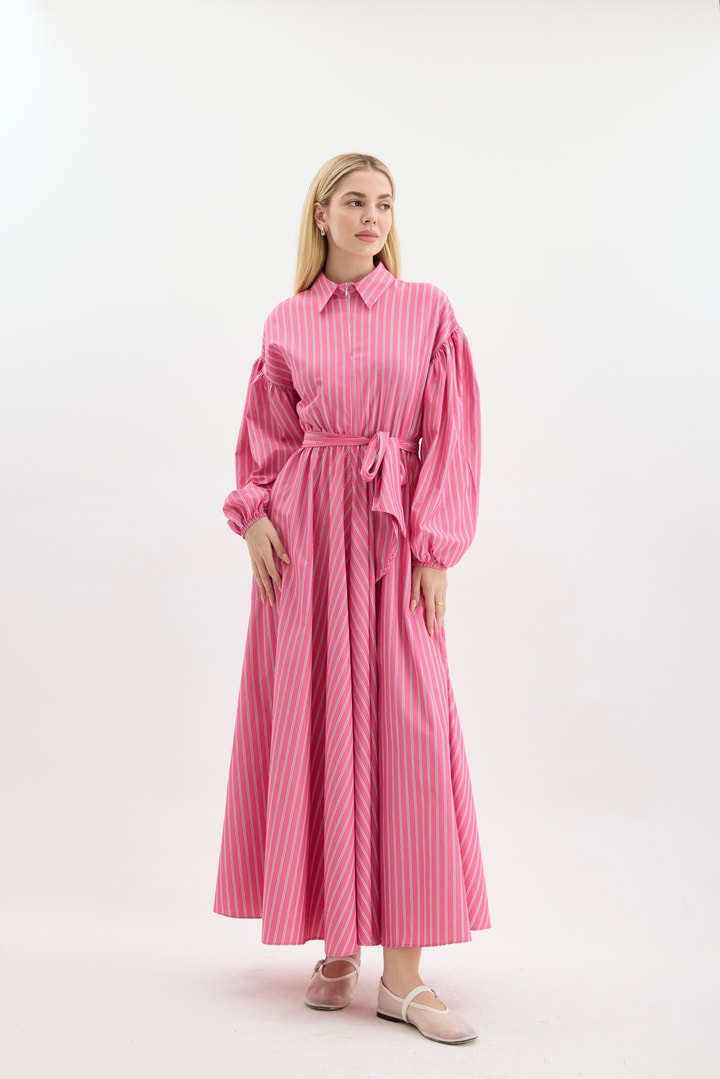 SERA ÇİZGİLİ POPLİN ELBİSE - Pembe