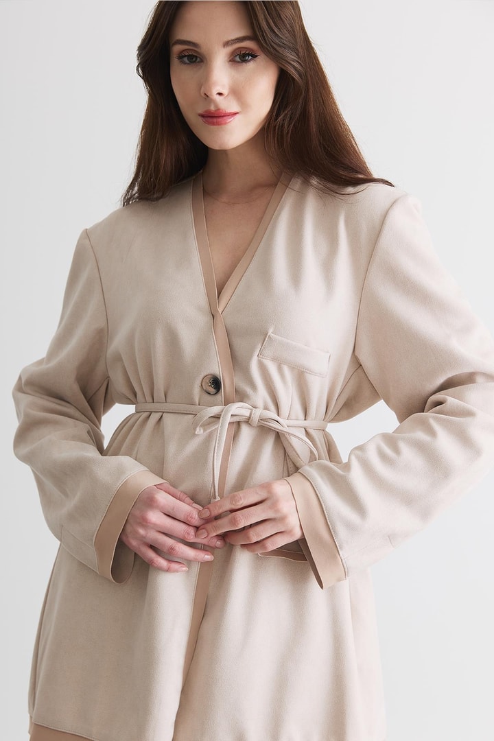 Şerit Detaylı Blazer Ceket Takım - Pudra
